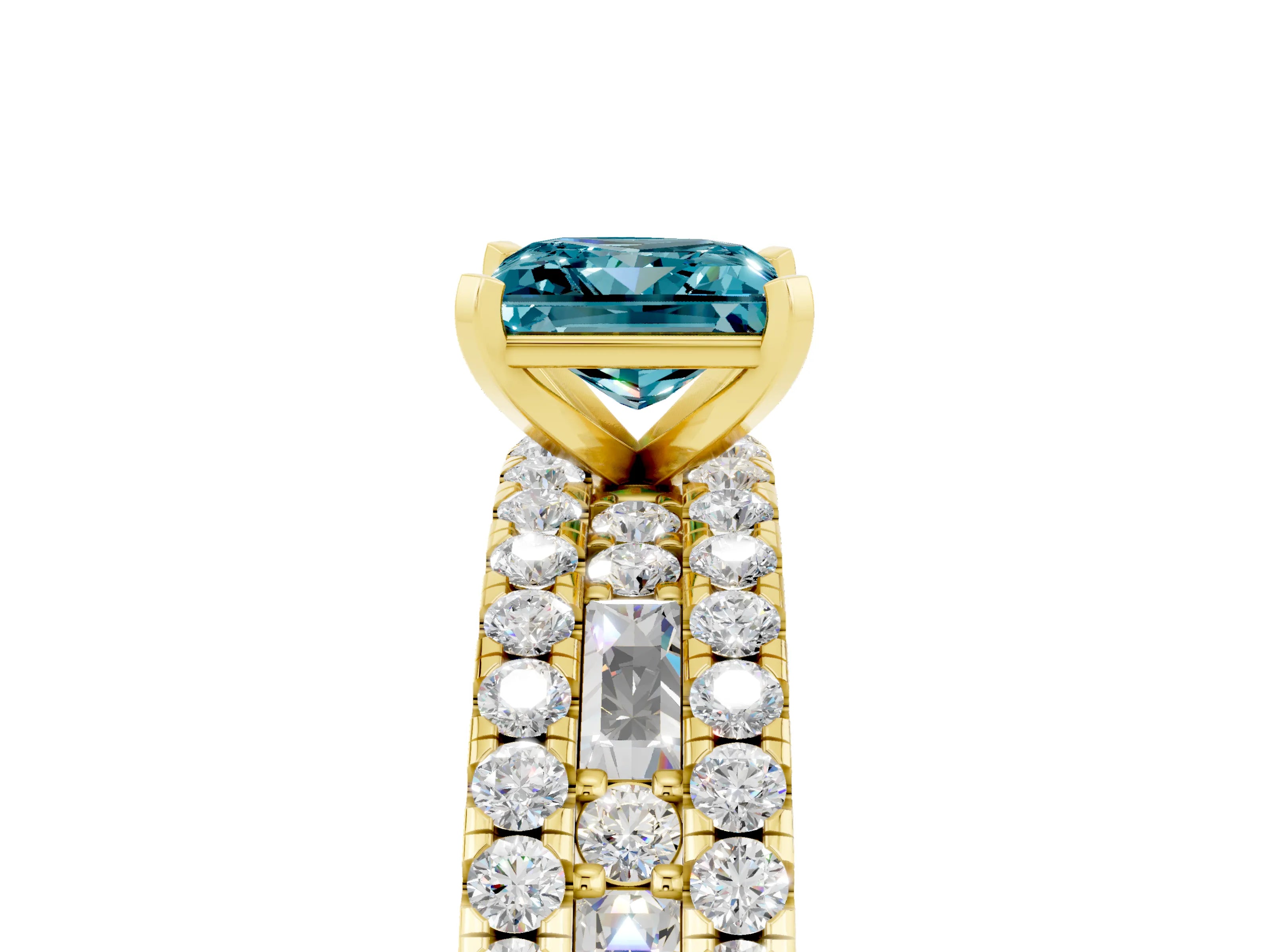 Yellow gold Princess Cut Blue Topaz Solitaire Ring with Pavé and Channel Set Band_5
