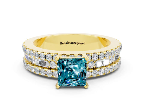 Yellow gold Princess Cut Blue Topaz Solitaire Ring with Pavé and Channel Set Band
