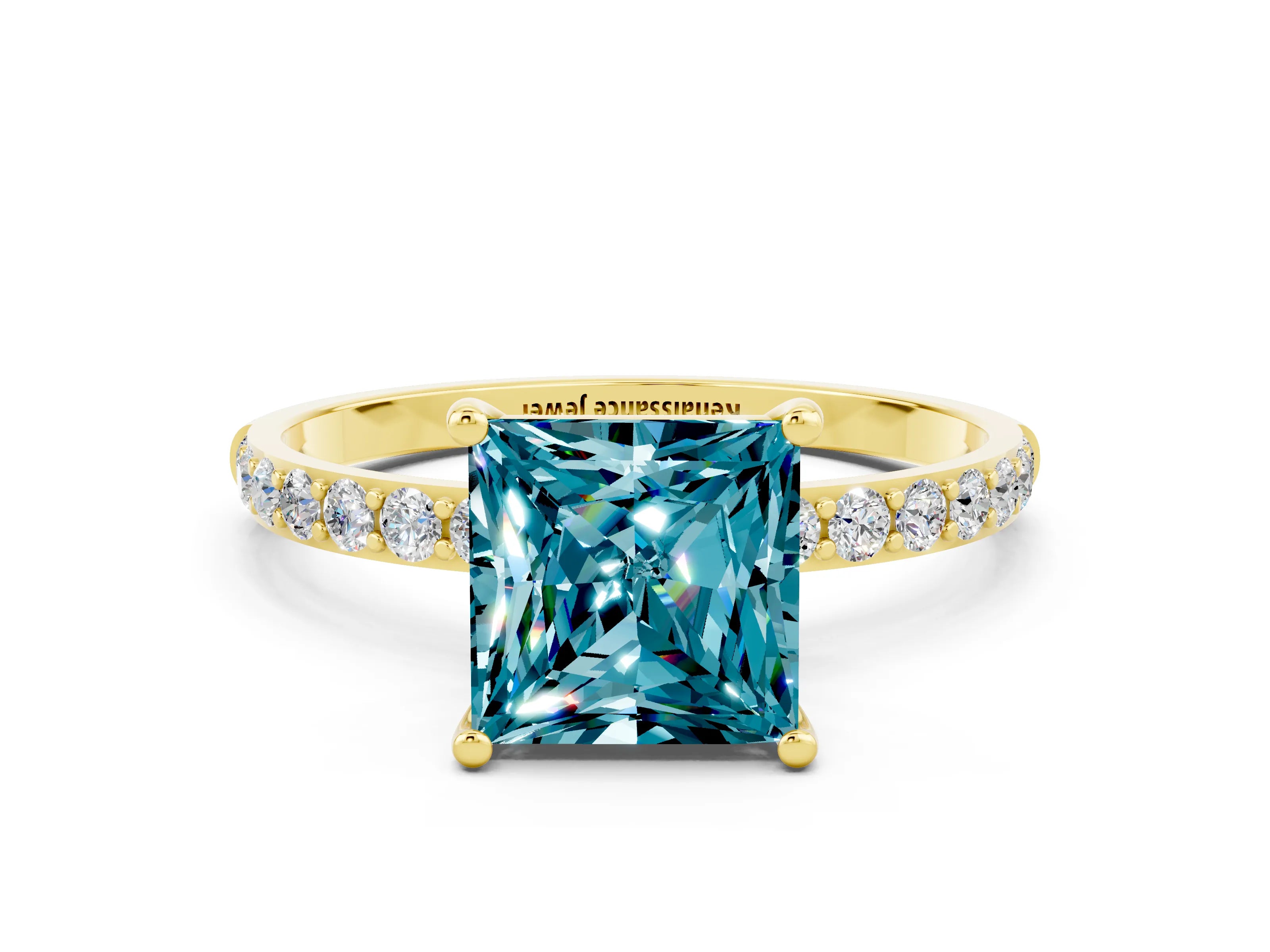 Yellow gold Princess Cut Blue Topaz Solitaire Ring with Pave Band and Four Prong Setting_36