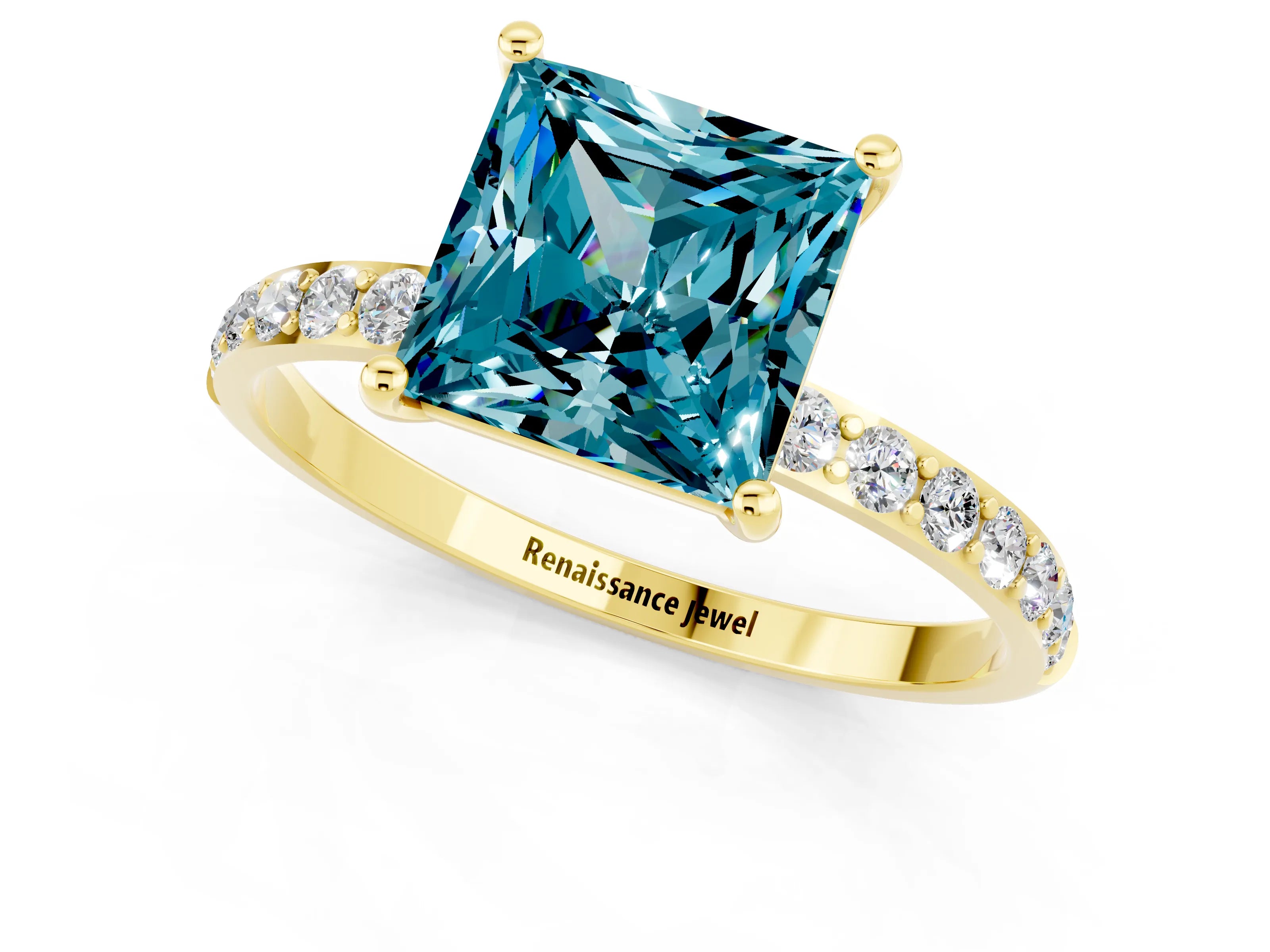 Yellow gold Princess Cut Blue Topaz Solitaire Ring with Pave Band and Four Prong Setting_37