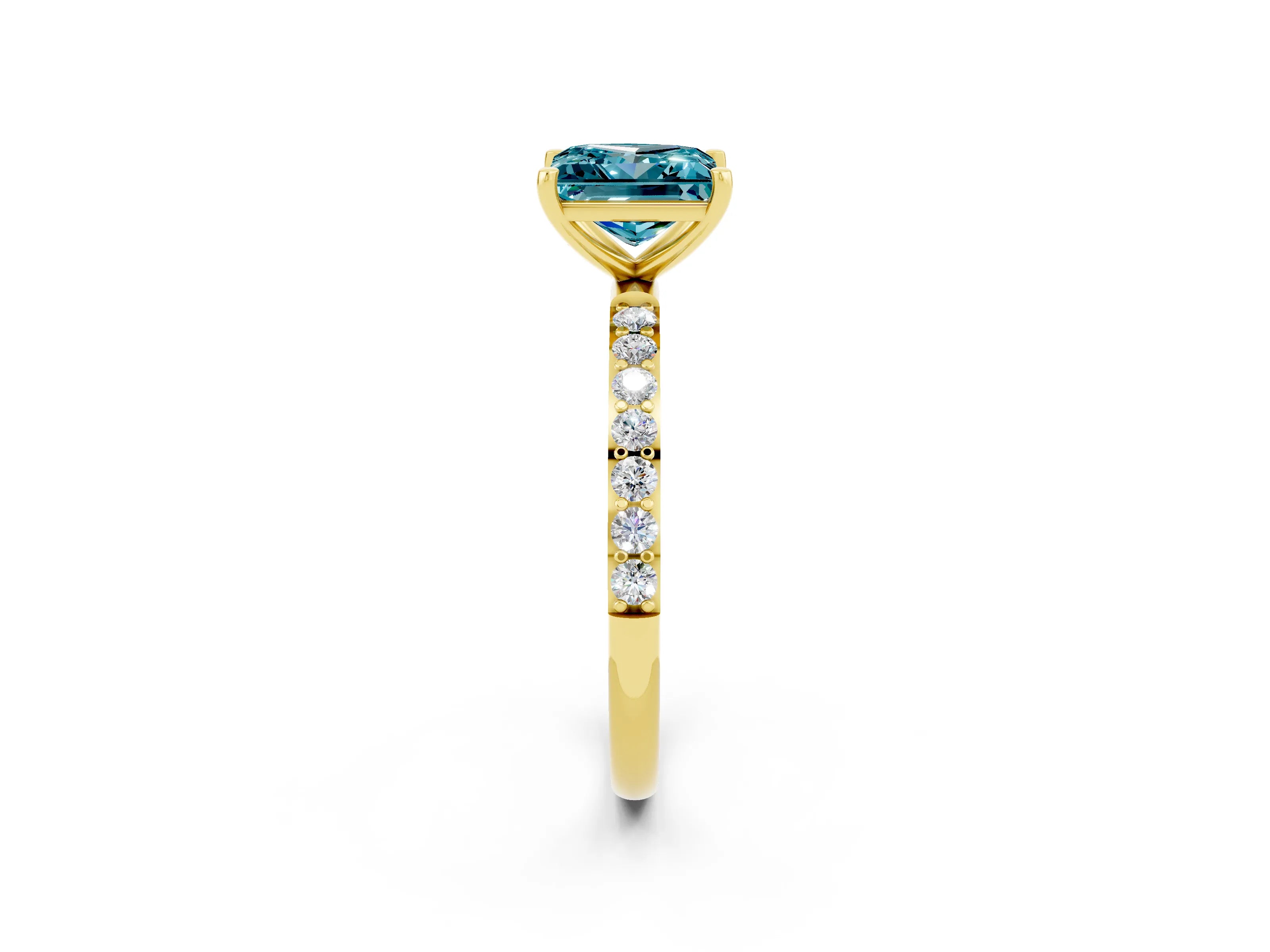 Yellow gold Princess Cut Blue Topaz Solitaire Ring with Pave Band and Four Prong Setting_38