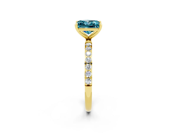 Yellow gold Princess Cut Blue Topaz Solitaire Ring with Round  Pavé Band and Prong Setting
