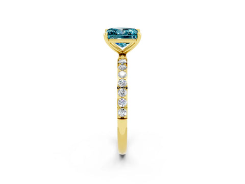 Yellow gold Princess Cut Blue Topaz Solitaire Ring with Pave Band and Four Prong Setting_38