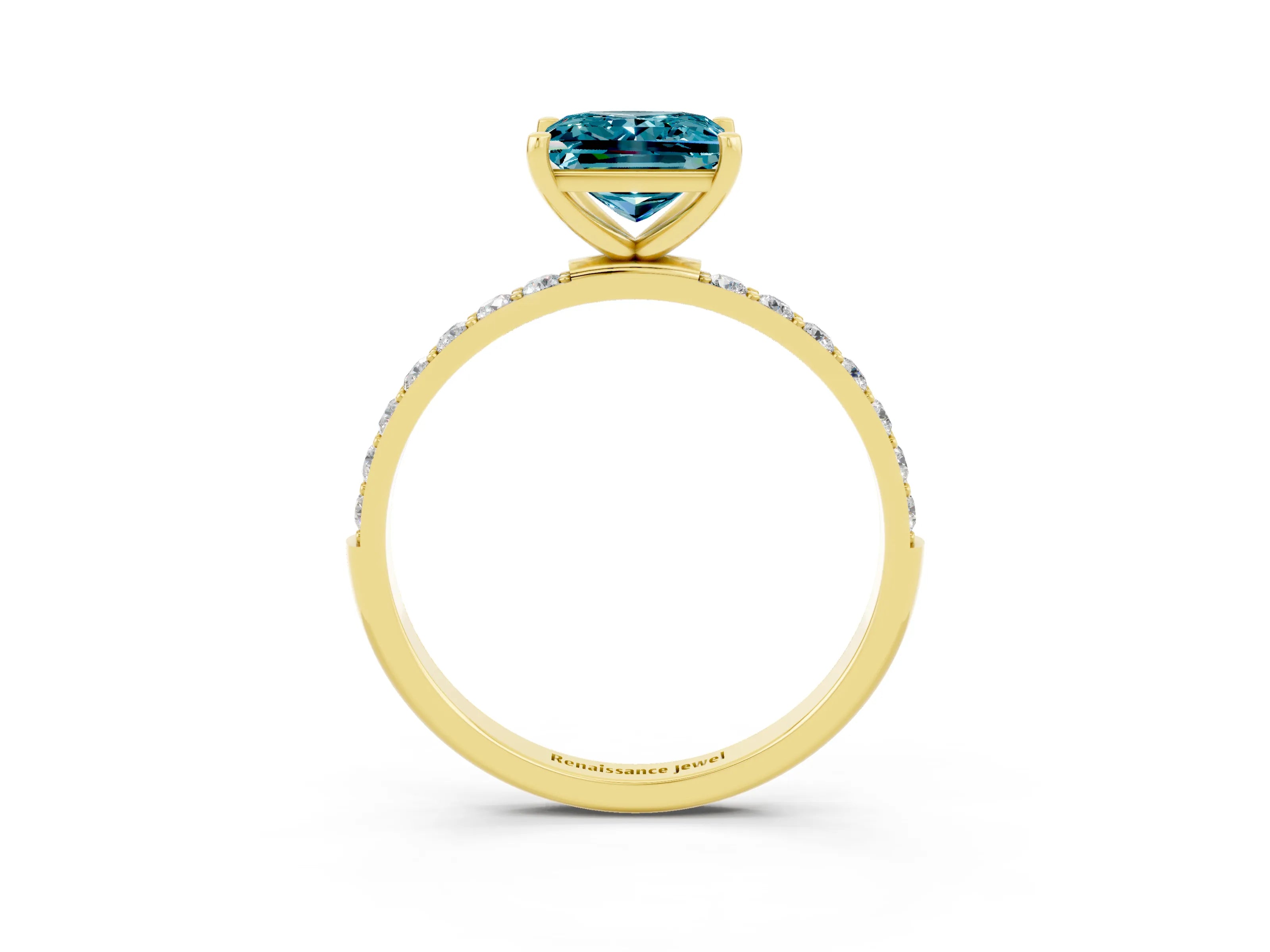 Yellow gold Princess Cut Blue Topaz Solitaire Ring with Pave Band and Four Prong Setting_39