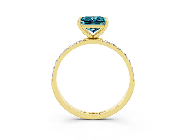 Yellow gold Princess Cut Blue Topaz Solitaire Ring with Round  Pavé Band and Prong Setting