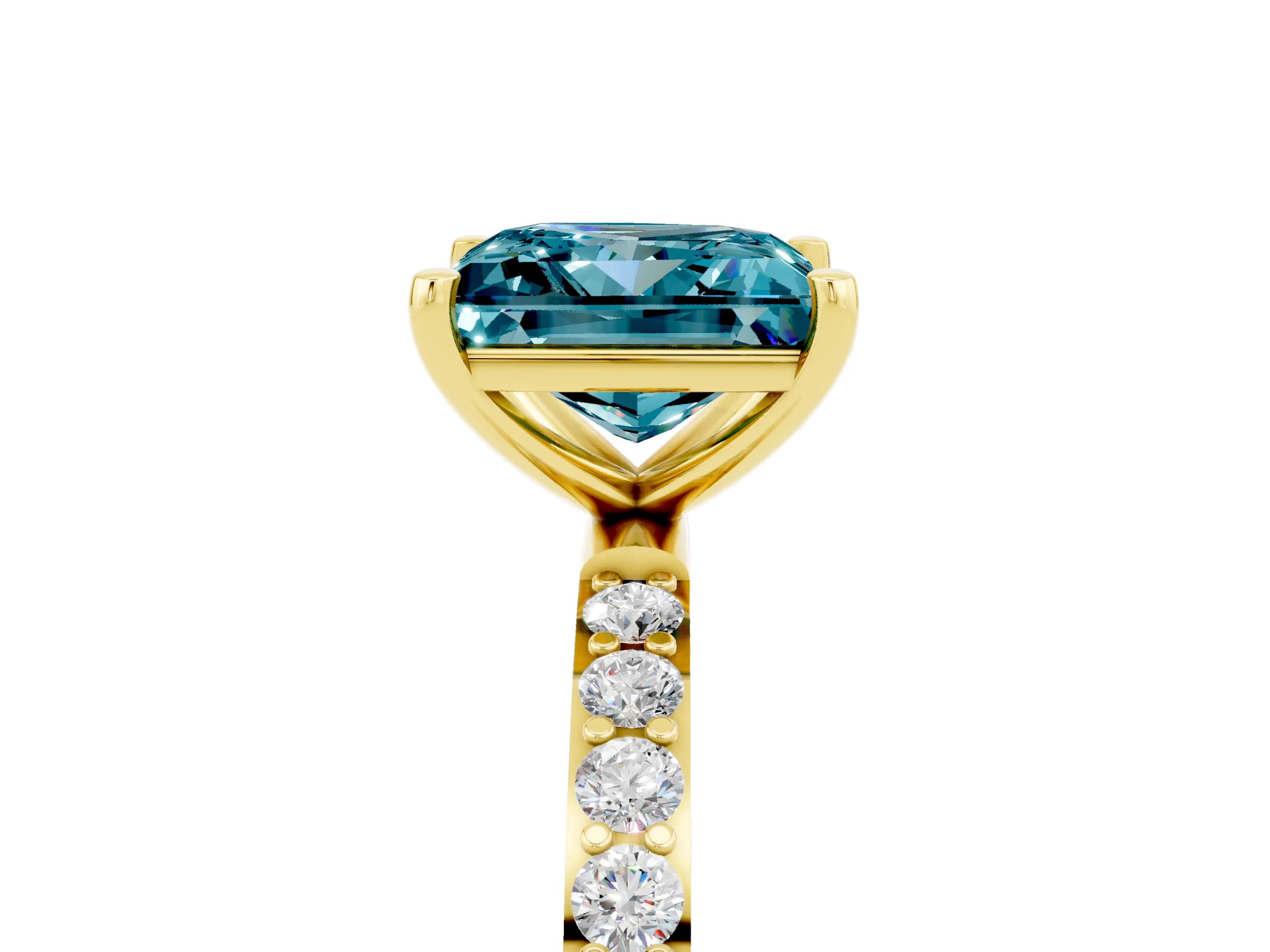 Yellow gold Princess Cut Blue Topaz Solitaire Ring with Pave Band and Four Prong Setting_41