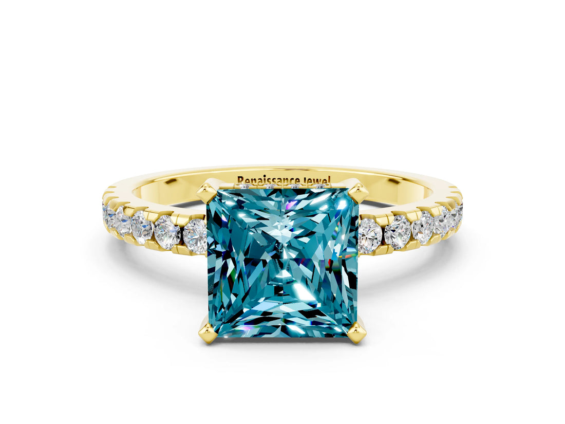 Yellow gold Princess Cut Blue Topaz Solitaire Ring with Round  Pavé Band and Four-Prong Setting_36
