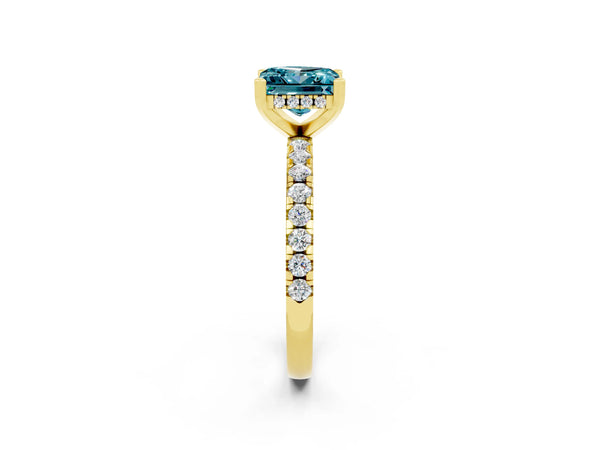 Yellow gold Princess Cut Blue Topaz Solitaire Ring with Round Pavé Band and Four-Prong Setting