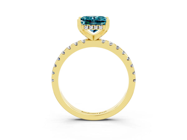Yellow gold Princess Cut Blue Topaz Solitaire Ring with Round Pavé Band and Four-Prong Setting