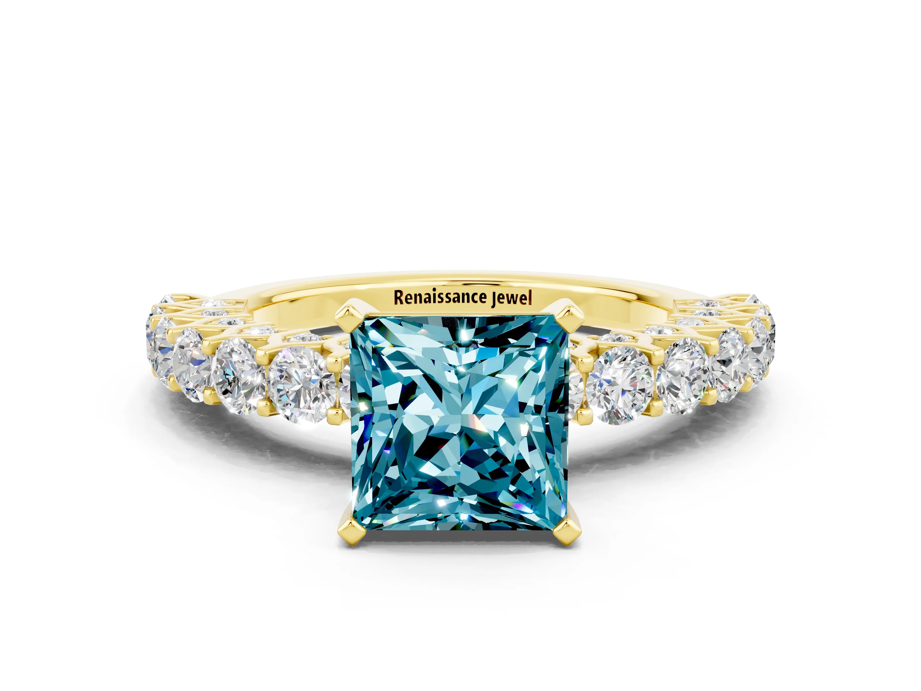 Yellow gold Princess Cut Blue Topaz Solitaire Ring with Shared Prong Pavé Band and Four-Prong Setting