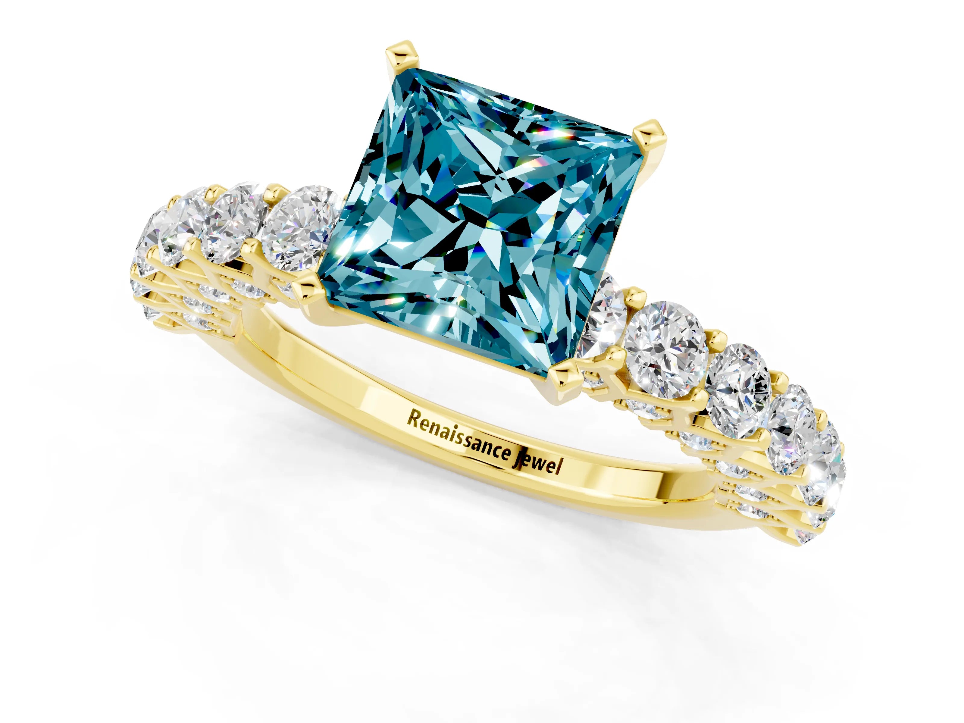 Yellow gold Princess Cut Blue Topaz Solitaire Ring with Shared Prong Pavé Band and Four-Prong Setting_1