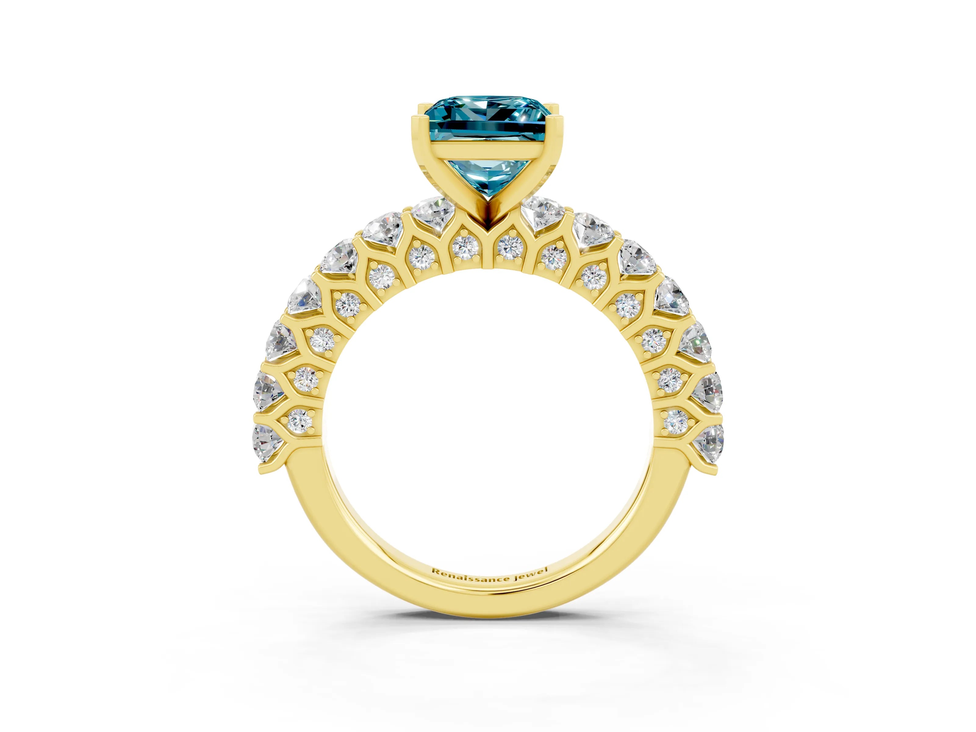 Yellow gold Princess Cut Blue Topaz Solitaire Ring with Shared Prong Pavé Band and Four-Prong Setting_3
