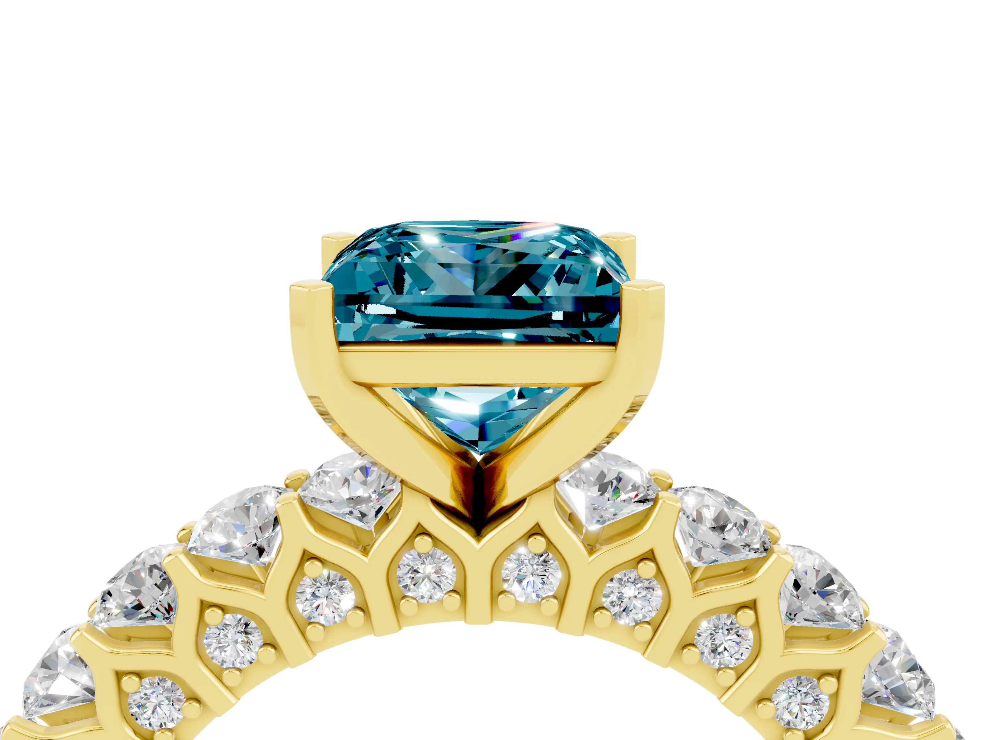 Yellow gold Princess Cut Blue Topaz Solitaire Ring with Shared Prong Pavé Band and Four-Prong Setting_4