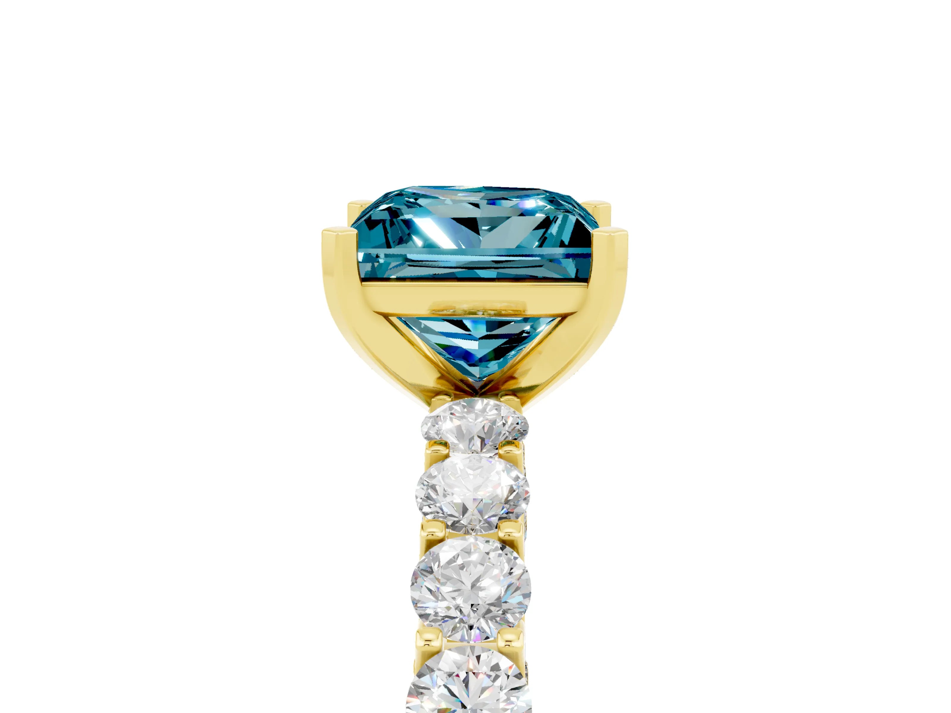 Yellow gold Princess Cut Blue Topaz Solitaire Ring with Shared Prong Pavé Band and Four-Prong Setting_5