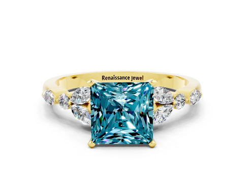 Yellow gold Princess Cut Blue Topaz Solitaire Ring with Side Stones and Four-Prong Setting_12