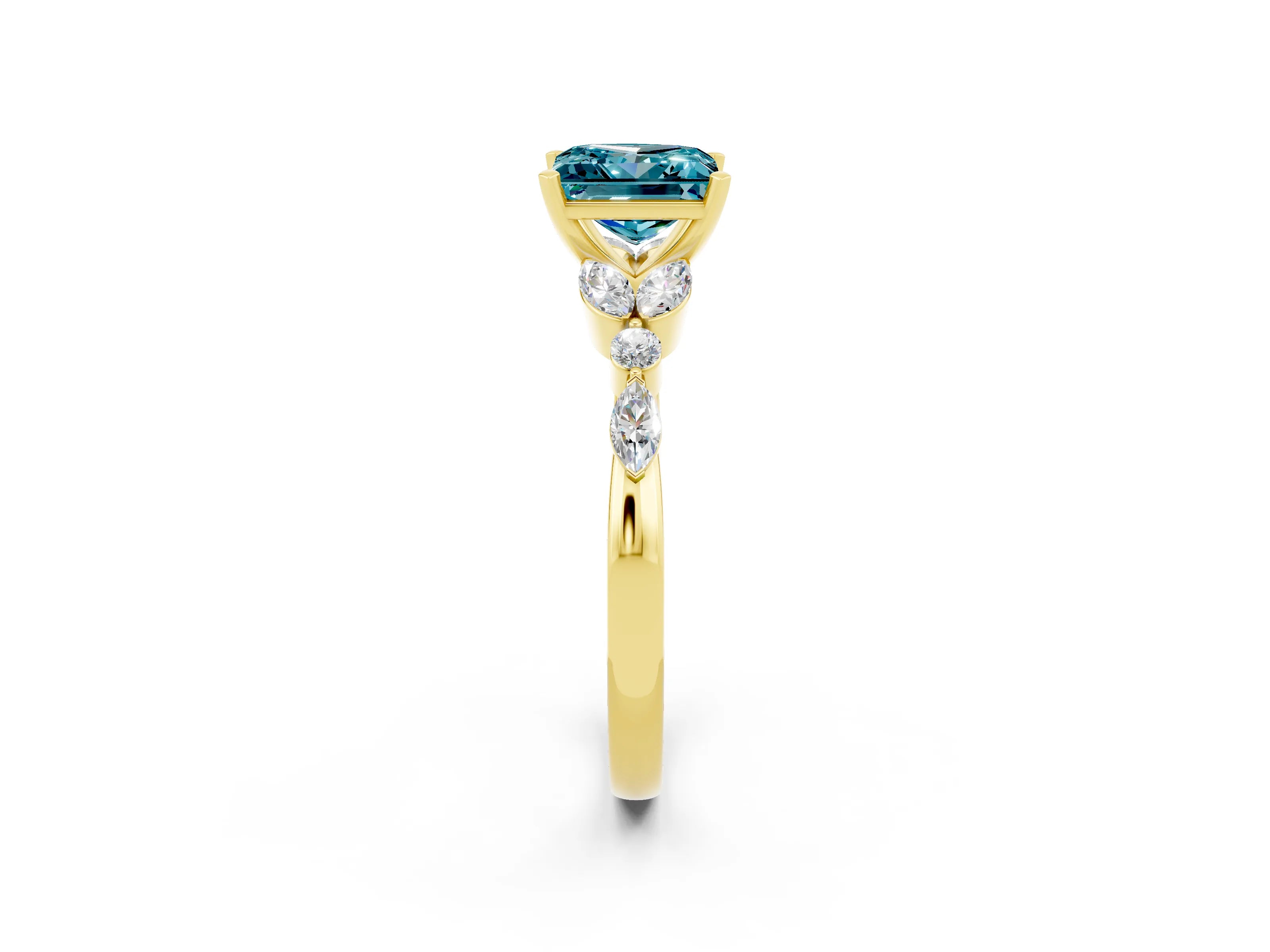 Yellow gold Princess Cut Blue Topaz Solitaire Ring with Side Stones and Four-Prong Setting_14