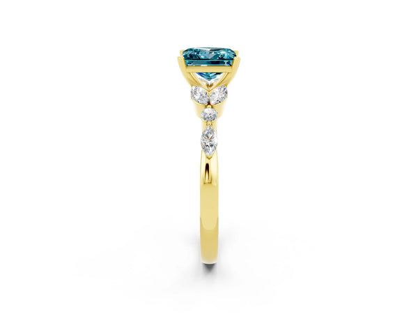 Yellow gold Princess Cut Blue Topaz Solitaire Ring with Side Stones and Four-Prong Setting