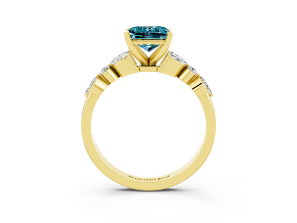 Yellow gold Princess Cut Blue Topaz Solitaire Ring with Side Stones and Four-Prong Setting