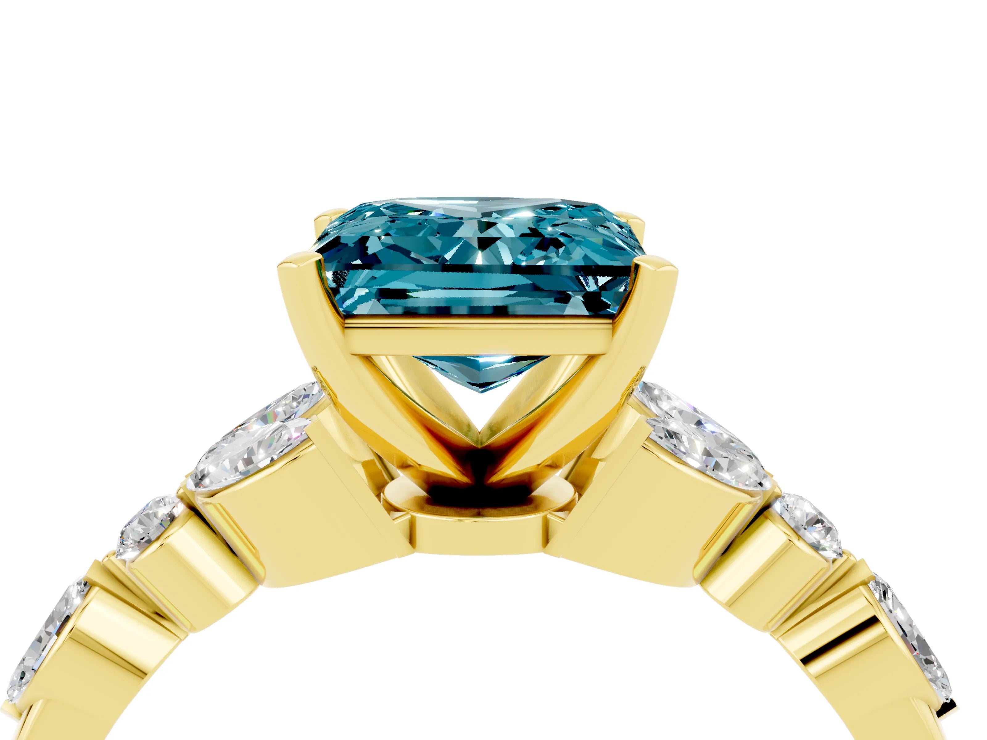 Yellow gold Princess Cut Blue Topaz Solitaire Ring with Side Stones and Four-Prong Setting_16