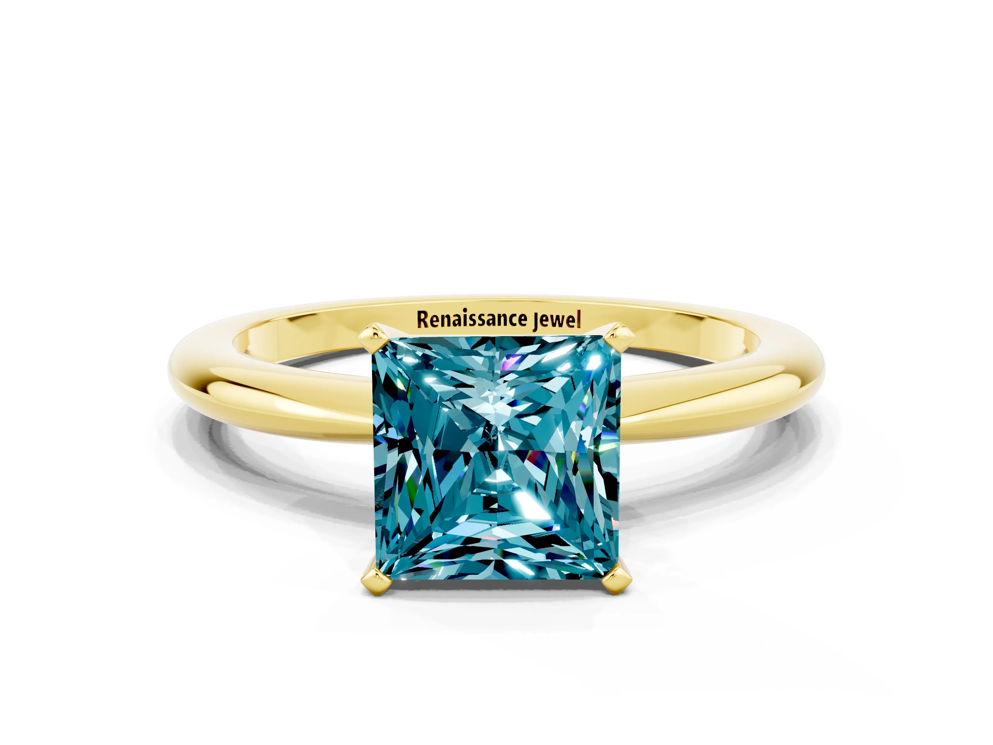 Yellow gold Princess Cut Blue Topaz Solitaire Ring with Six-Prong Setting and Classic Band