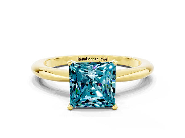 Yellow gold Princess Cut Blue Topaz Solitaire Ring with Six-Prong Setting and Classic Band