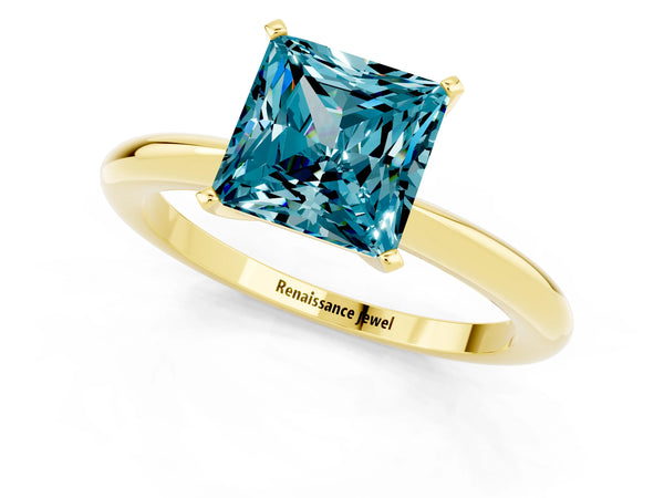 Yellow gold Princess Cut Blue Topaz Solitaire Ring with Six-Prong Setting and Classic Band