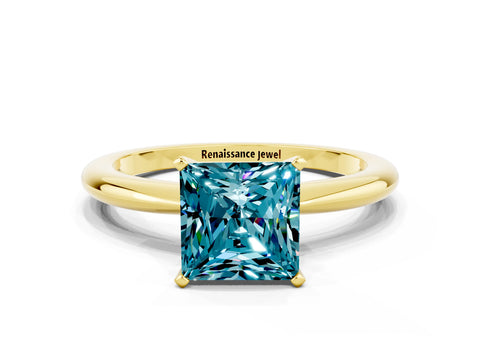 Yellow gold Princess Cut Blue Topaz Solitaire Ring with Six-Prong Setting and Classic Band