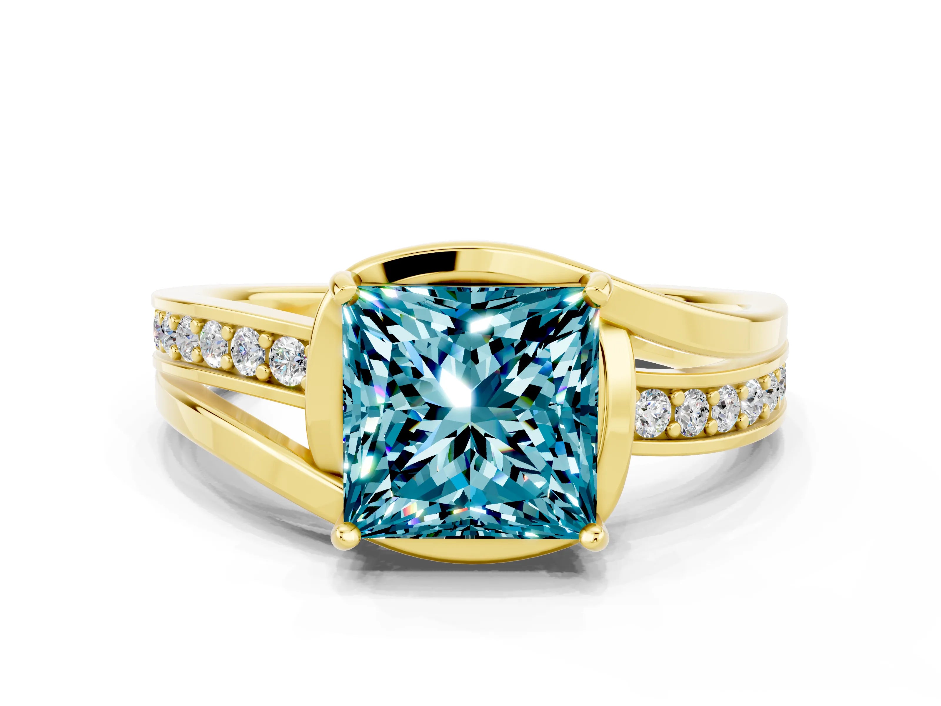 Yellow gold Princess Cut Blue Topaz Solitaire Ring with Split Shank and Prong Setting