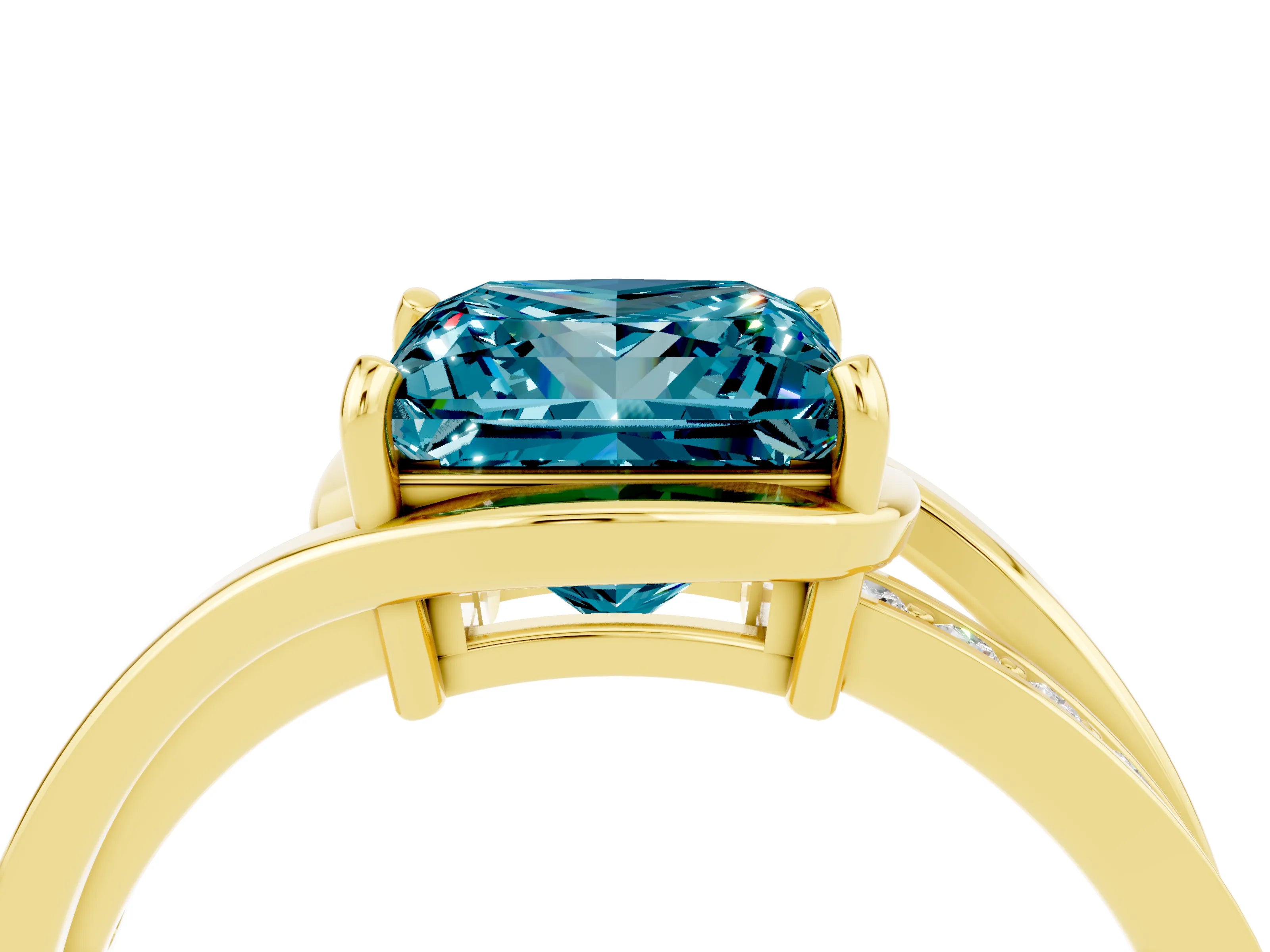 Yellow gold Princess Cut Blue Topaz Solitaire Ring with Split Shank and Prong Setting_4