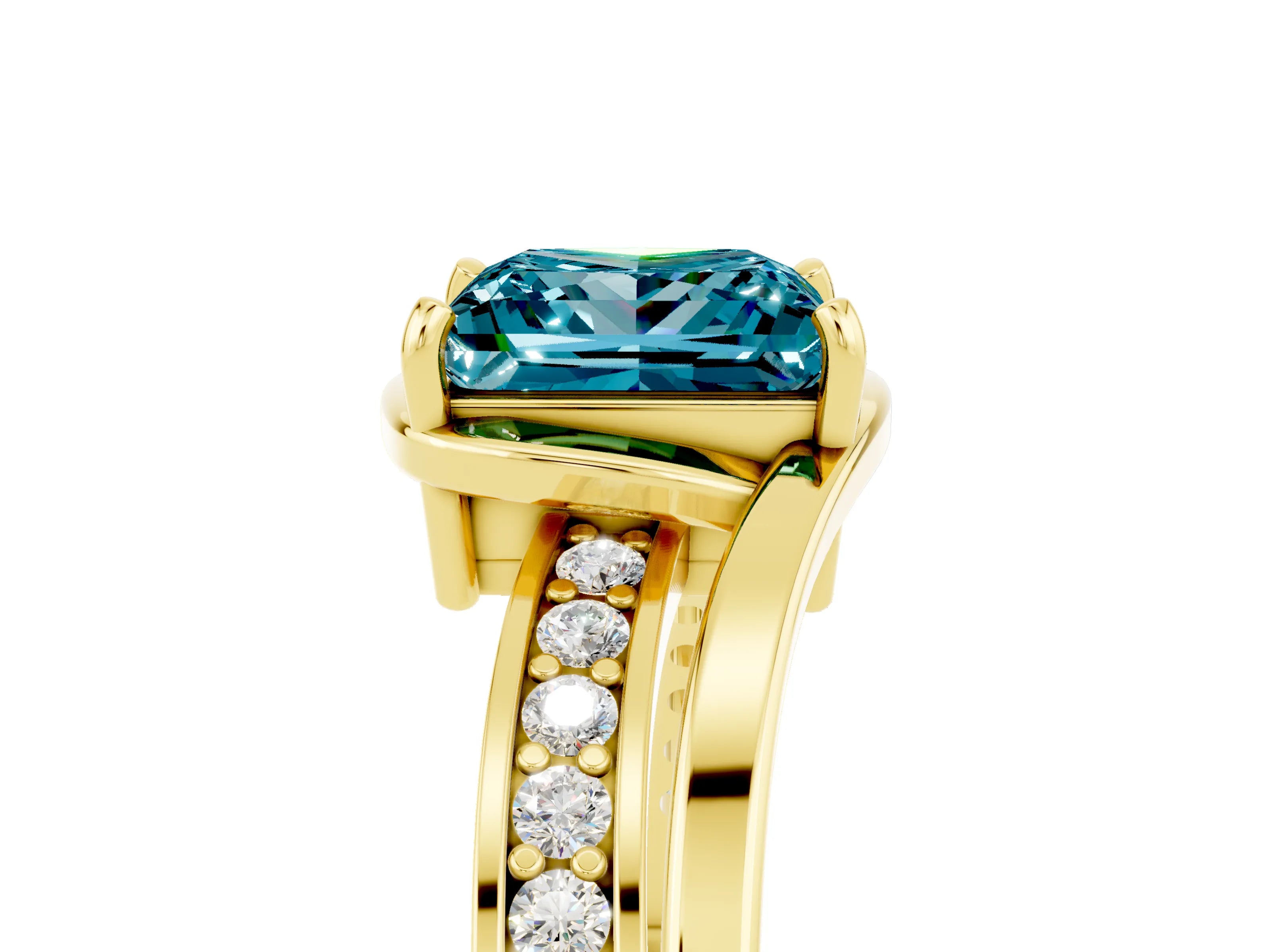 Yellow gold Princess Cut Blue Topaz Solitaire Ring with Split Shank and Prong Setting_5