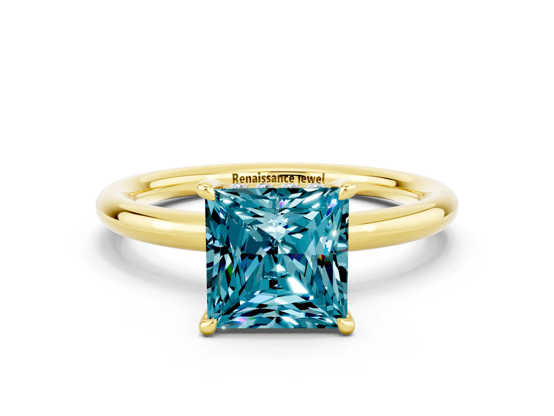 Yellow gold Princess Cut Blue Topaz Solitaire Ring with Thin Band and Four-Prong Setting