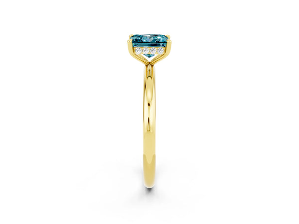 Yellow gold Princess Cut Blue Topaz Solitaire Ring with Thin Band and Four-Prong Setting