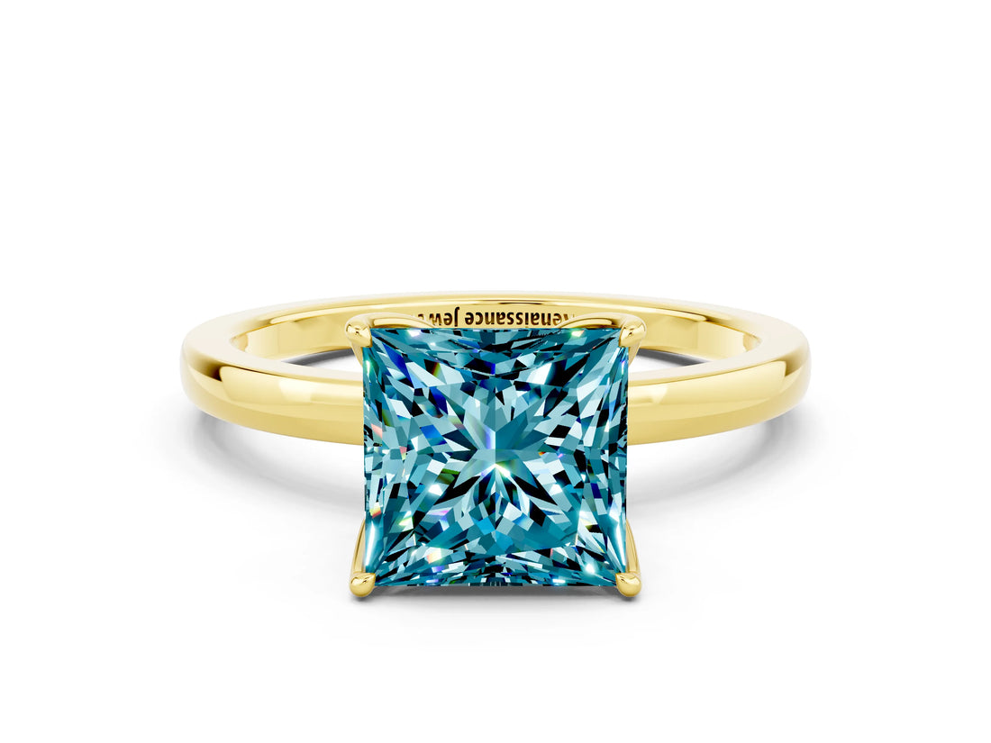 Yellow gold Princess Cut Blue Topaz Solitaire Ring with Thin Band and Prong Setting_12