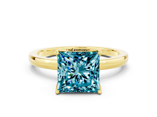 Yellow gold Princess Cut Blue Topaz Solitaire Ring with Thin Band and Prong Setting