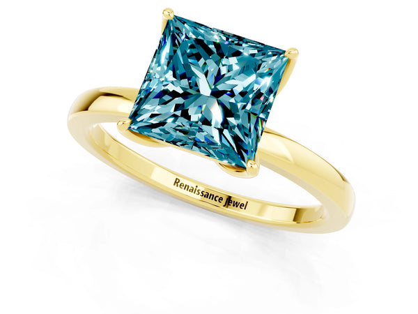 Yellow gold Princess Cut Blue Topaz Solitaire Ring with Thin Band and Prong Setting