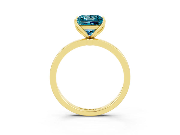 Yellow gold Princess Cut Blue Topaz Solitaire Ring with Thin Band and Prong Setting