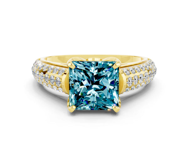Yellow gold Princess Cut Blue Topaz Solitaire Ring with Three-Row Pavé Band and Four-Prong Setting
