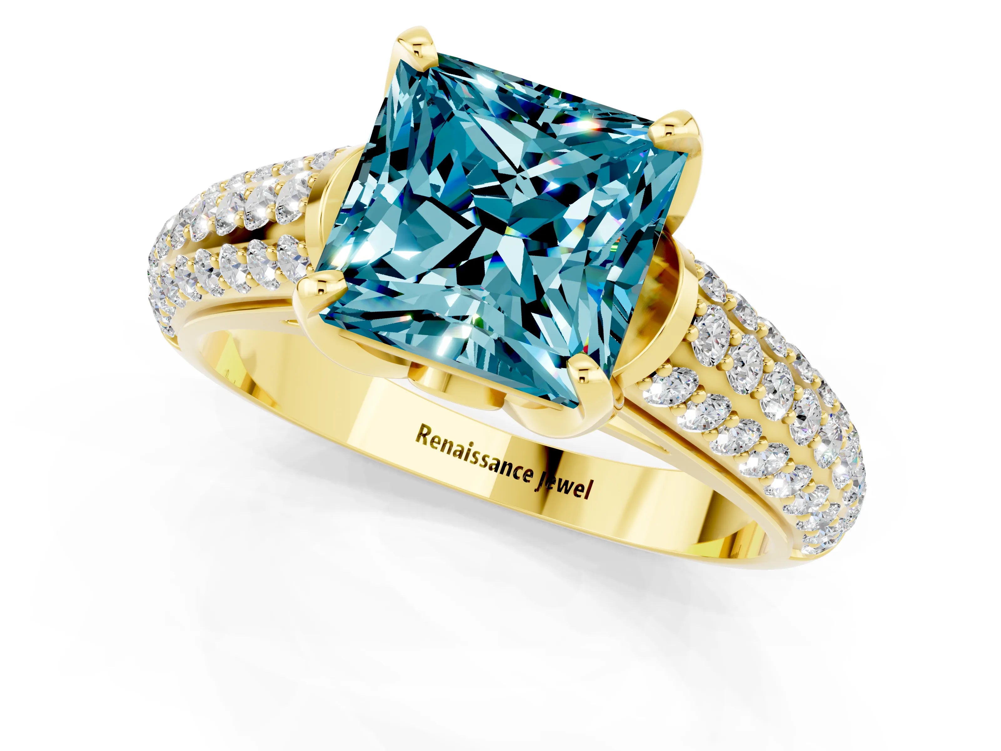 Yellow gold Princess Cut Blue Topaz Solitaire Ring with Three-Row Pavé Band and Four-Prong Setting_13