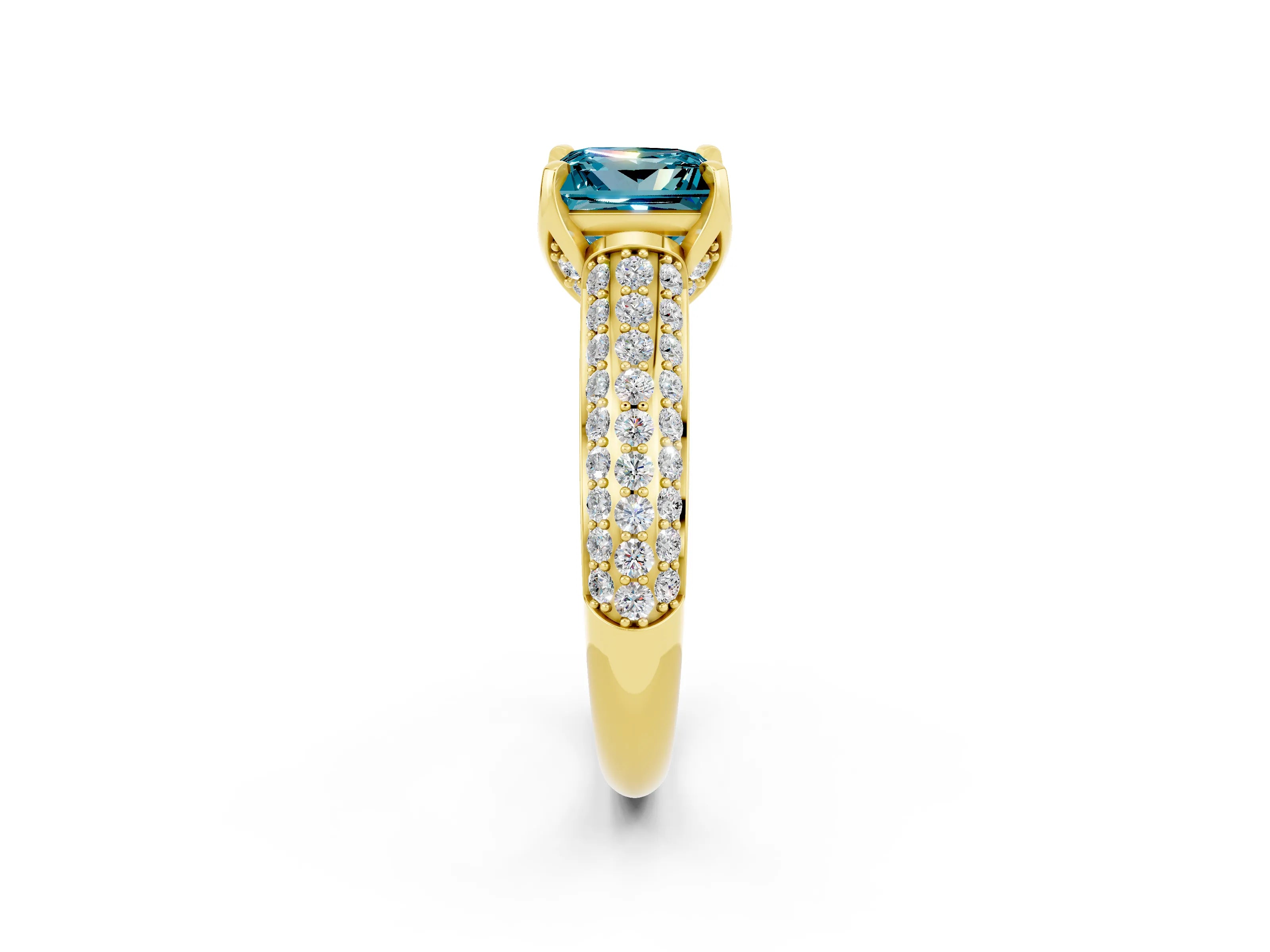 Yellow gold Princess Cut Blue Topaz Solitaire Ring with Three-Row Pavé Band and Four-Prong Setting_14
