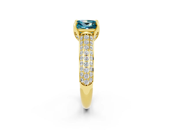 Yellow gold Princess Cut Blue Topaz Solitaire Ring with Three-Row Pavé Band and Four-Prong Setting