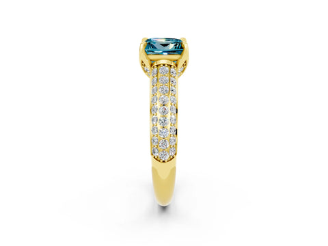 Yellow gold Princess Cut Blue Topaz Solitaire Ring with Three-Row Pavé Band and Four-Prong Setting_14