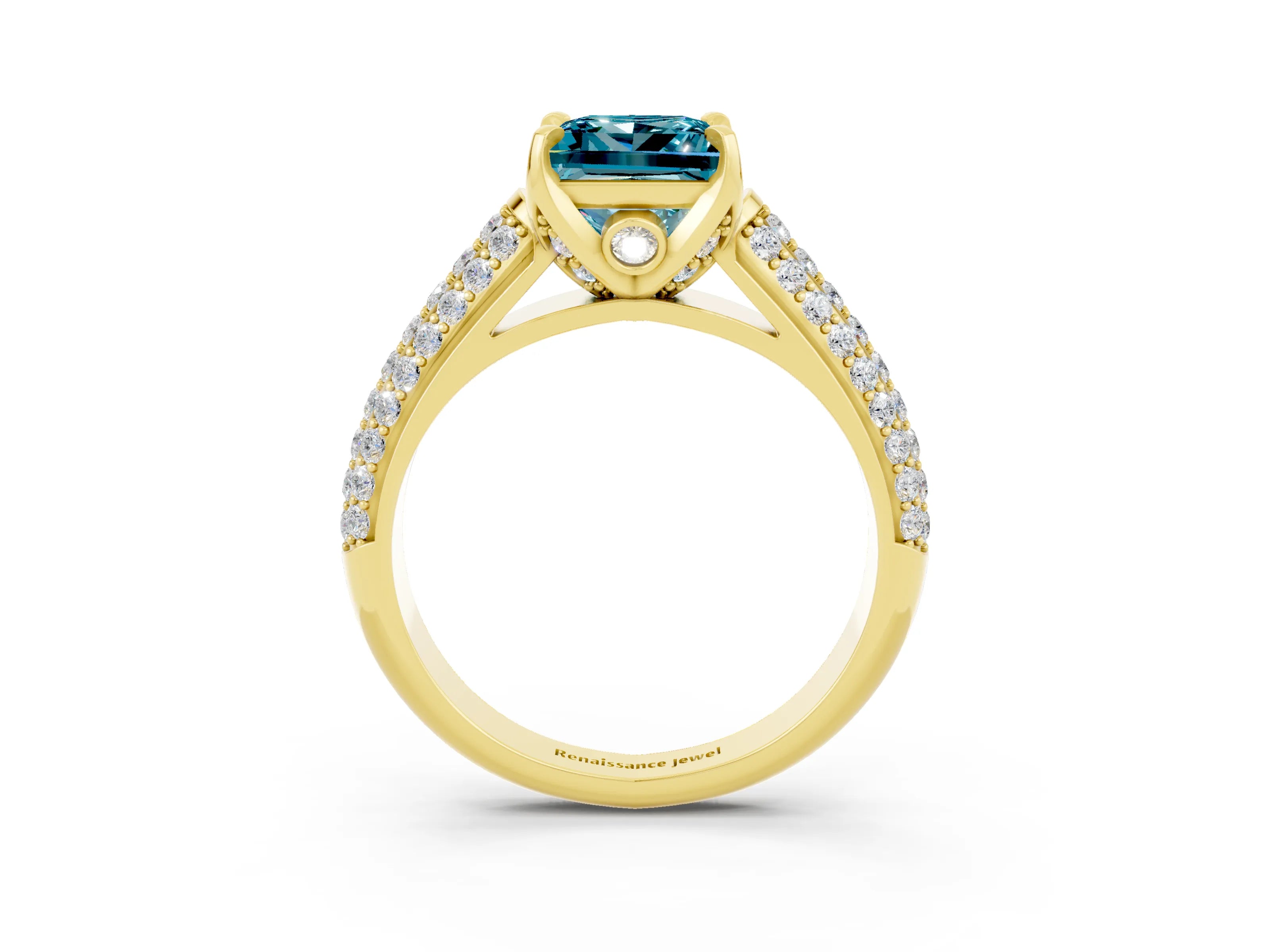 Yellow gold Princess Cut Blue Topaz Solitaire Ring with Three-Row Pavé Band and Four-Prong Setting_15