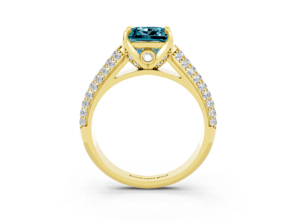 Yellow gold Princess Cut Blue Topaz Solitaire Ring with Three-Row Pavé Band and Four-Prong Setting