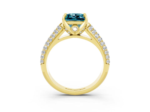 Yellow gold Princess Cut Blue Topaz Solitaire Ring with Three-Row Pavé Band and Four-Prong Setting_15