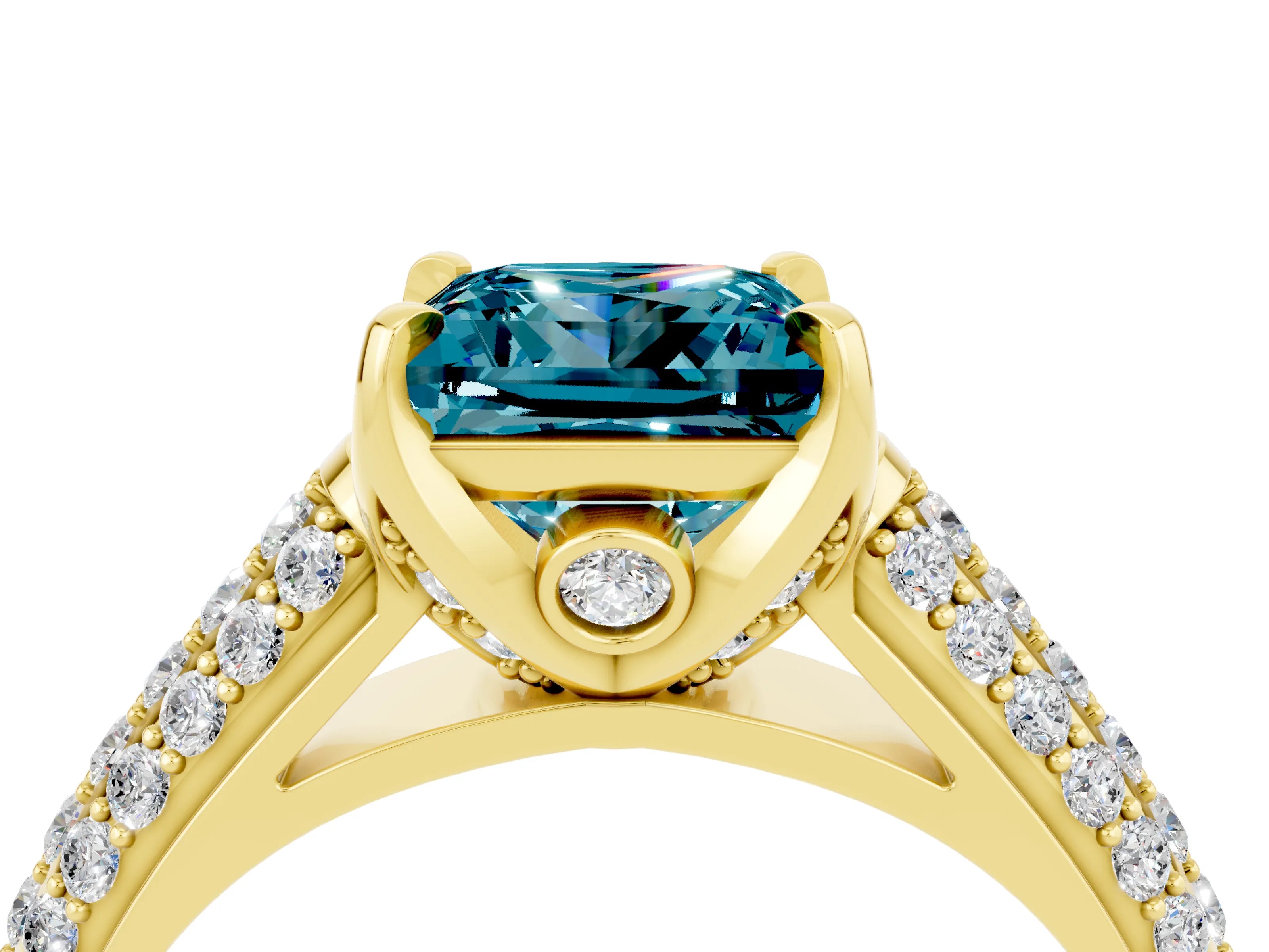 Yellow gold Princess Cut Blue Topaz Solitaire Ring with Three-Row Pavé Band and Four-Prong Setting_16