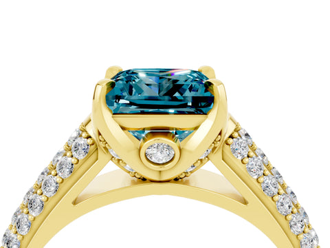 Yellow gold Princess Cut Blue Topaz Solitaire Ring with Three-Row Pavé Band and Four-Prong Setting_16