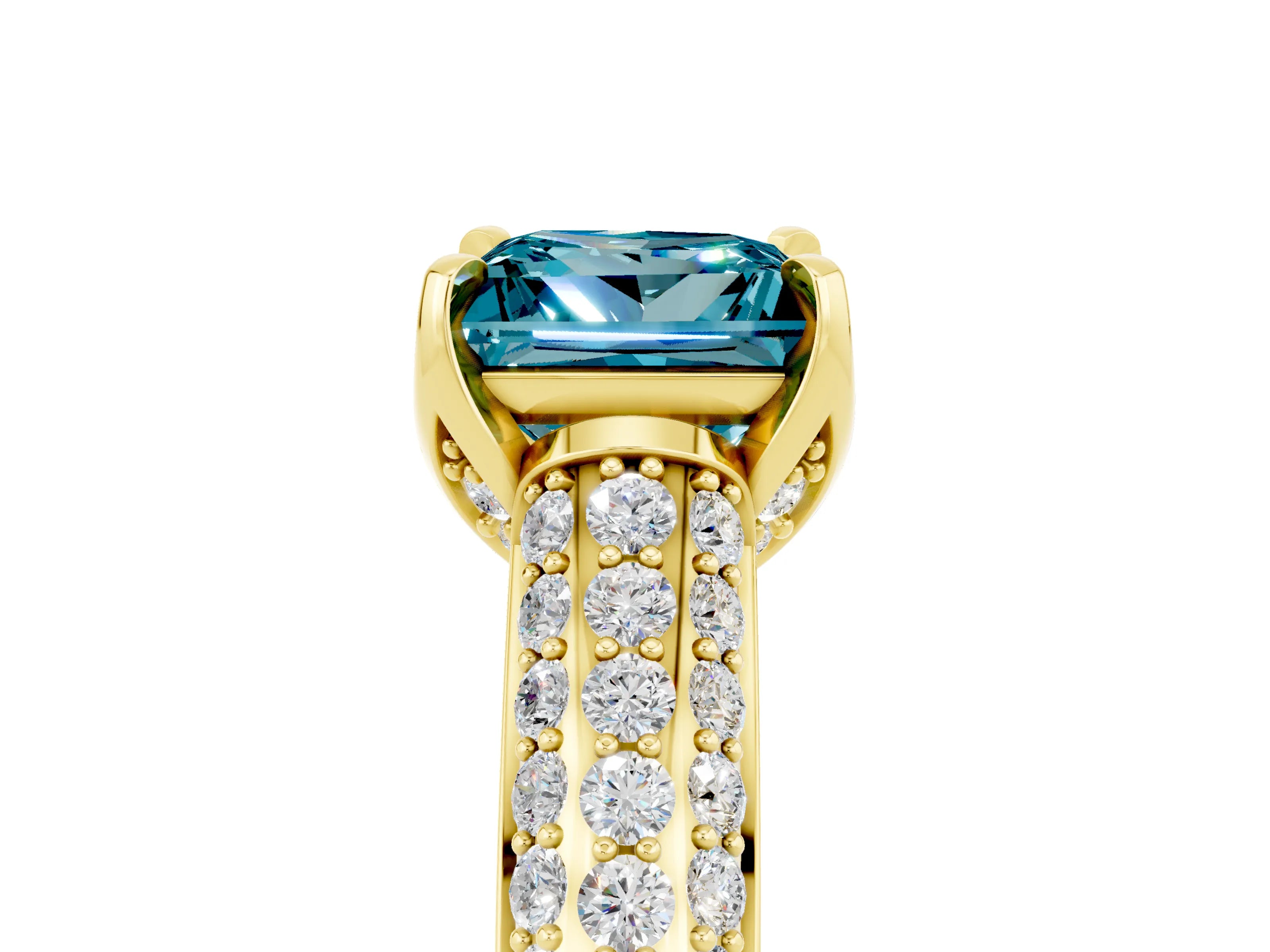 Yellow gold Princess Cut Blue Topaz Solitaire Ring with Three-Row Pavé Band and Four-Prong Setting_17