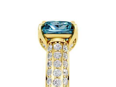 Yellow gold Princess Cut Blue Topaz Solitaire Ring with Three-Row Pavé Band and Four-Prong Setting_17