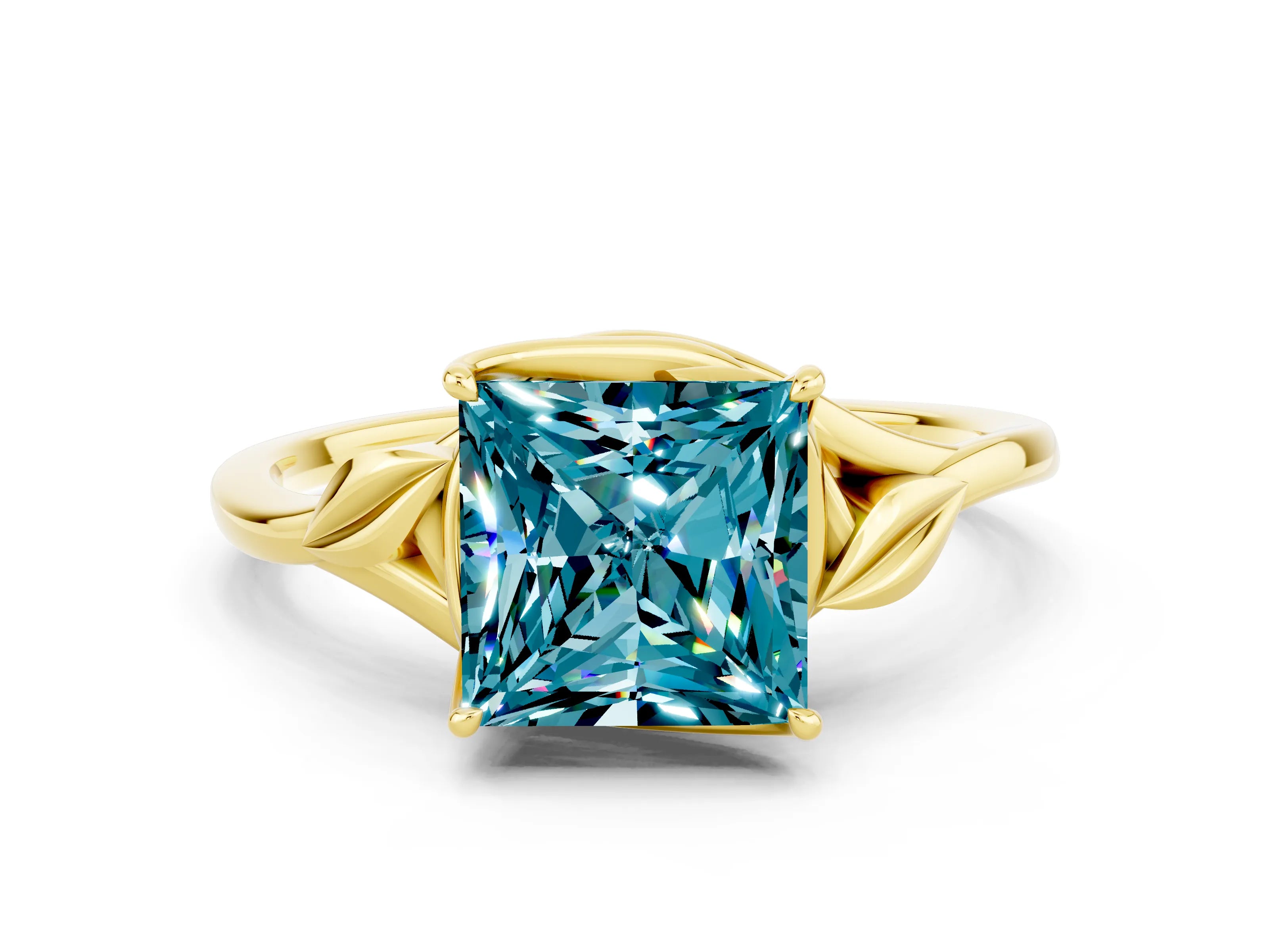 Yellow gold Princess Cut Blue Topaz Solitaire Ring with Twist Band and Four-Prong Setting_24