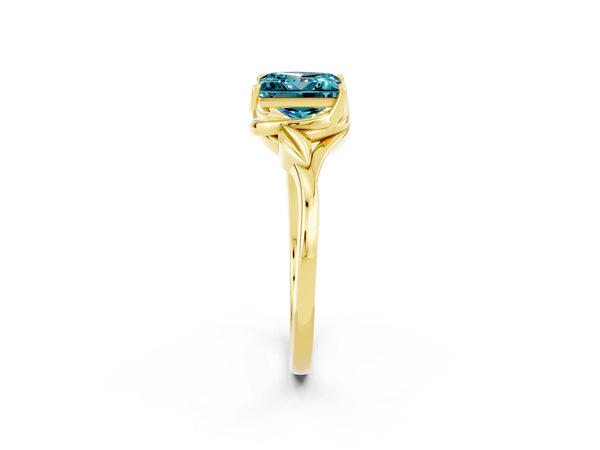 Yellow gold Princess Cut Blue Topaz Solitaire Ring with Twist Band and Four-Prong Setting